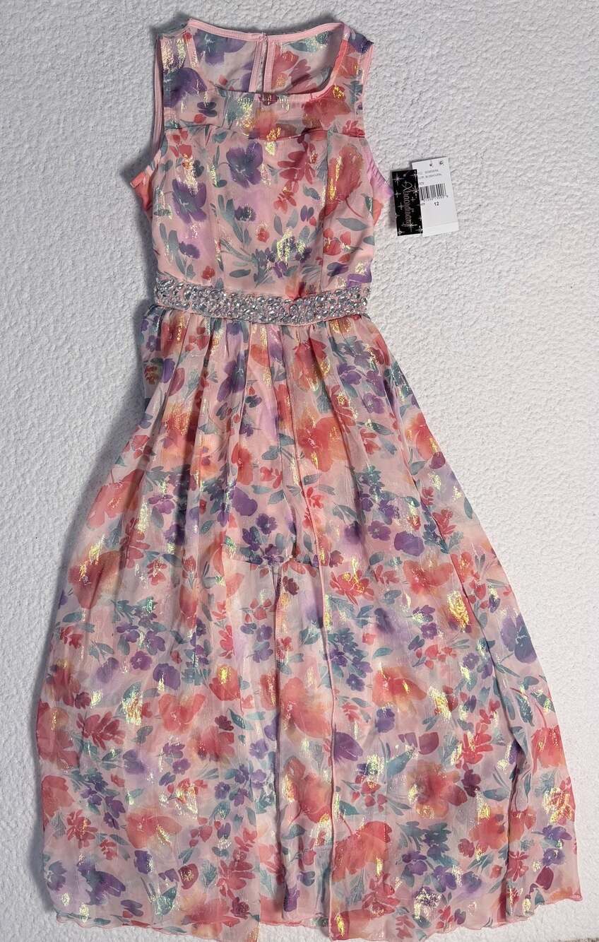 Xtraordinary Girls Floral Metallic Chiffon Maxi Dress with Rhinestone Waist